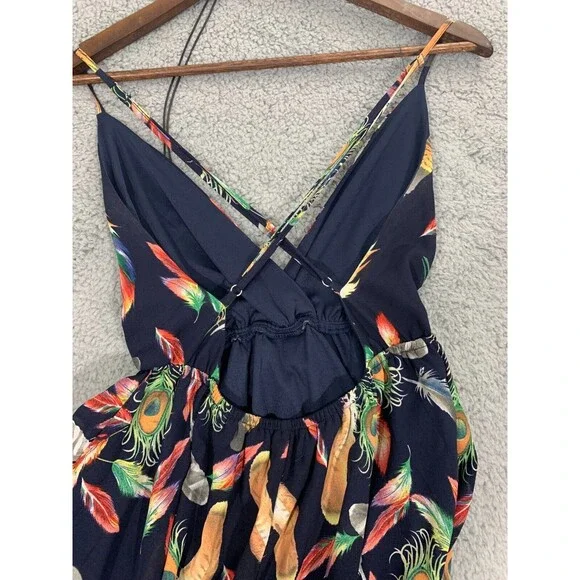 I Joah (S) Blue Colorful Feather Print Lined Adjustable Spaghetti Strap Dress - Picture 4 of 12